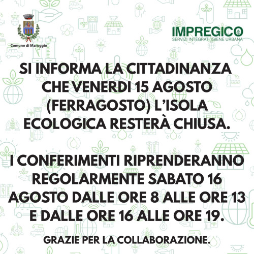 DISPOSIZIONI STRAORDINARIE DI SOSPENSIONE DEL SERVIZIO ISOLA ECOLOGICA